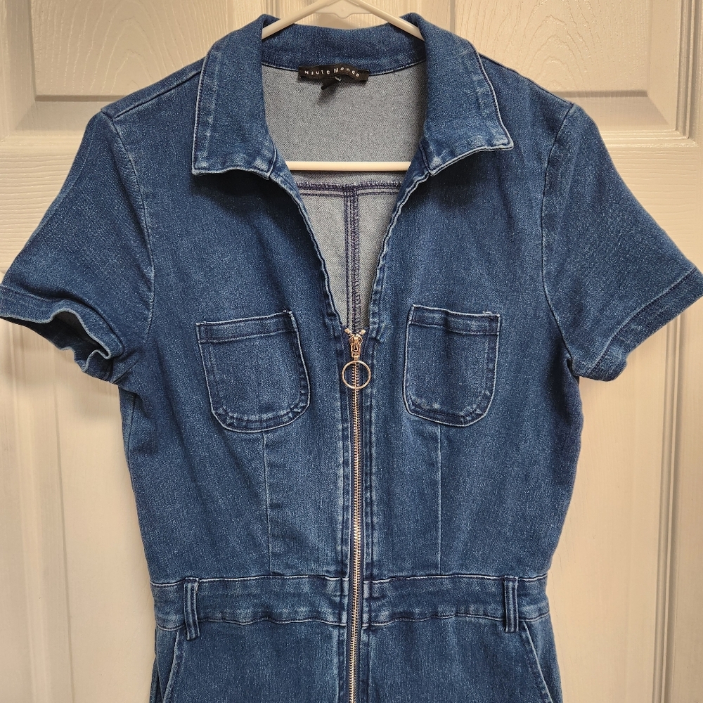 Haute Monde Blue Denim Jumpsuit with Front Zipper - Picture 3 of 9